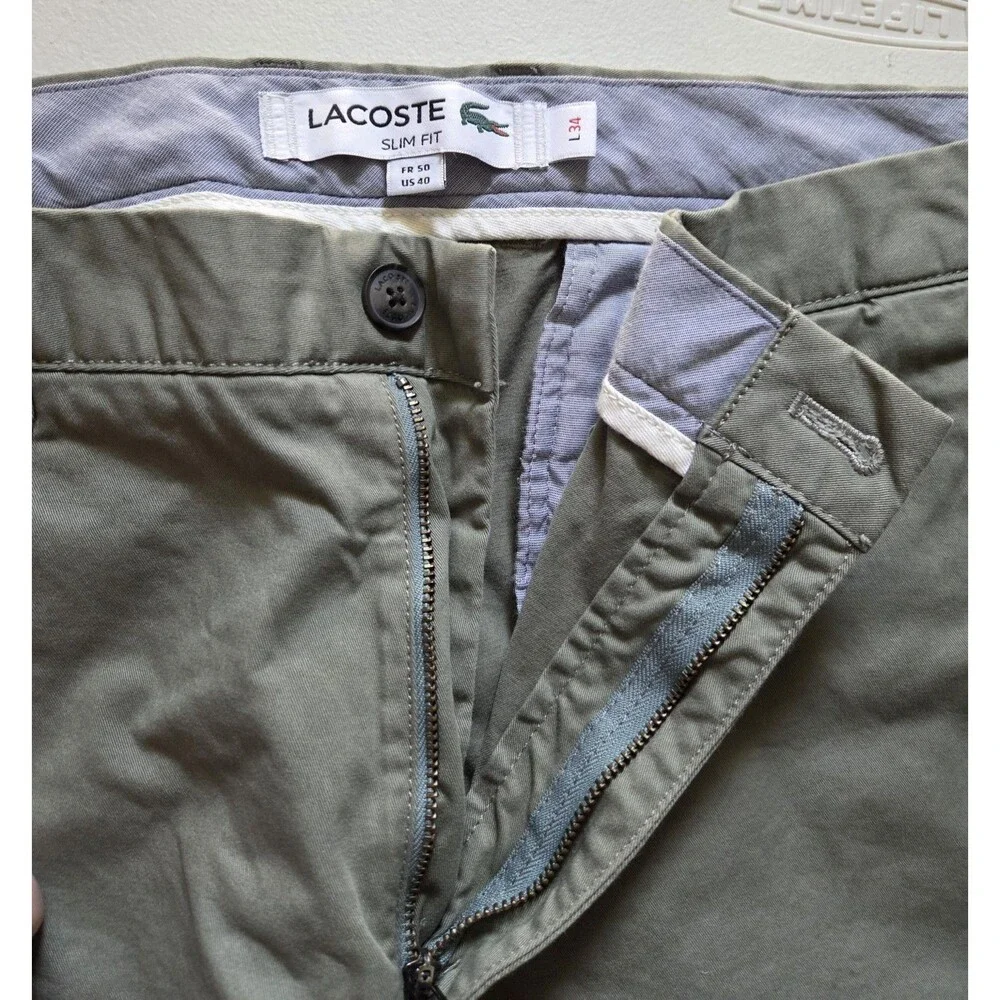 Lacoste Slim Fit Mens Chino Pants Olive Sage Green Size US 40 L34 Cotton Casual